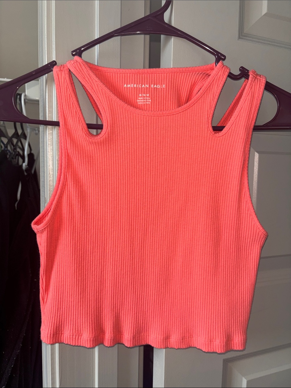 American Eagle Outfitters Neon Coral Ribbed Cutout Double-Strap Tank